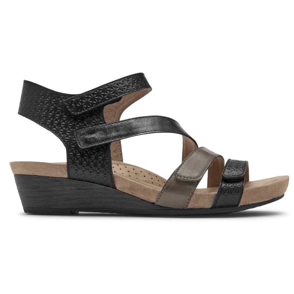 Rockport Canada Cobb Hill Hollywood 4-Strap - Womens Wedges Sandals Black (FER068952)